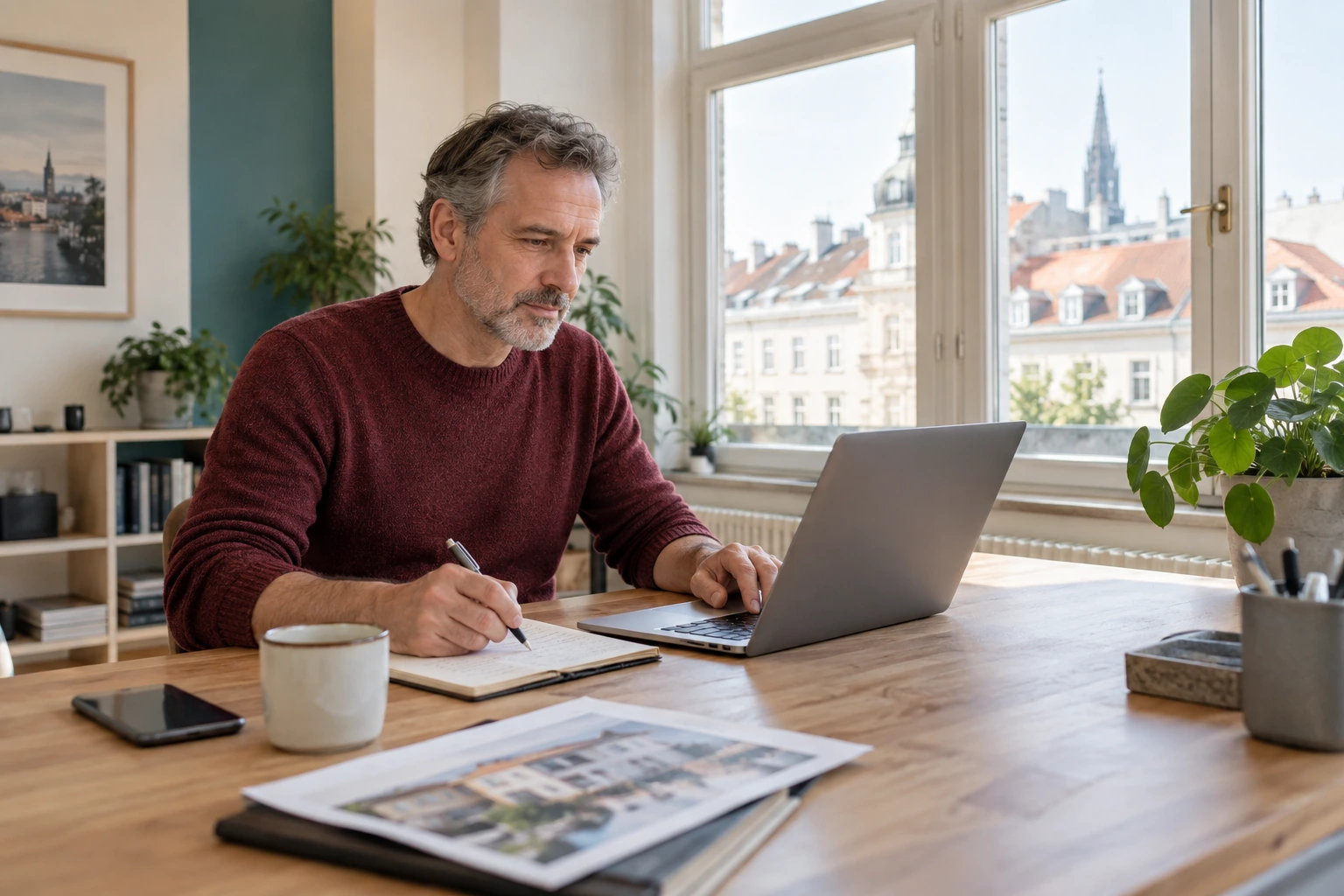 Mann macht Notizen neben seinem Laptop am Fenster